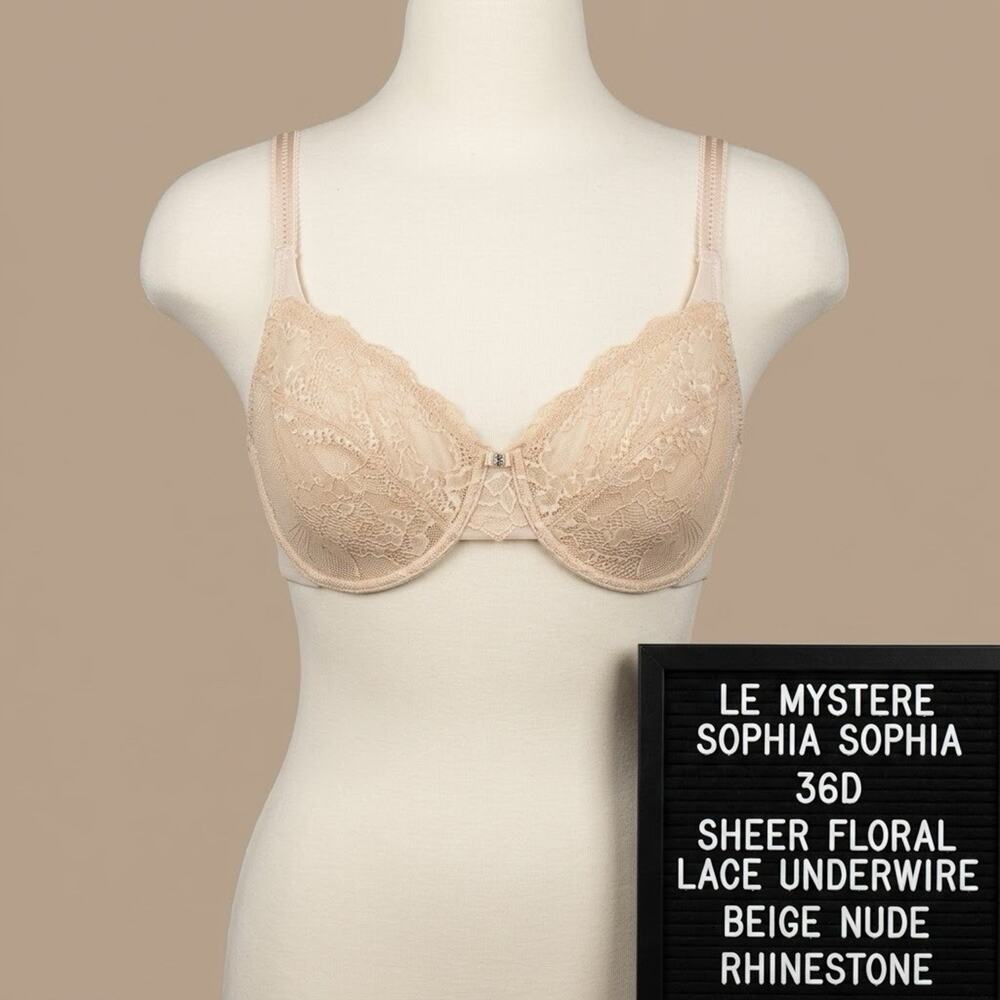 Le Mystere 36D Sophia Sheer Floral Lace Underwire Bra Beige Nude Rhinestone